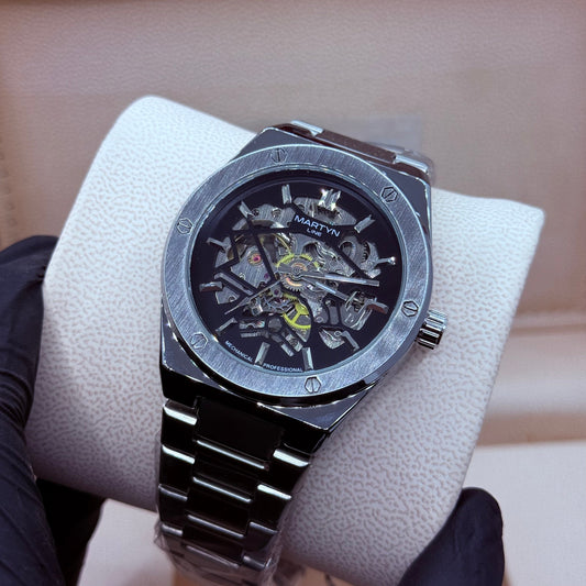 Automatic skeleton black dial with silver chain